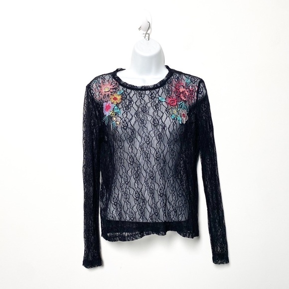 Y2K Mesh Black Long Floral Goth Sleeve Top - Picture 1 of 7